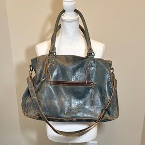 BED|STU Teal Leather Tote with Brown Distress Accents